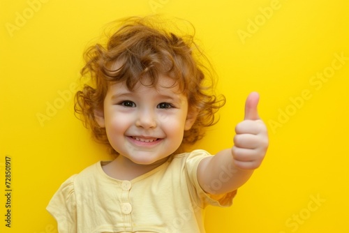 A toddler in a diaper gives a cheerful thumbs up on a vibrant yellow background, showing approval and encouragement with a happy smile.