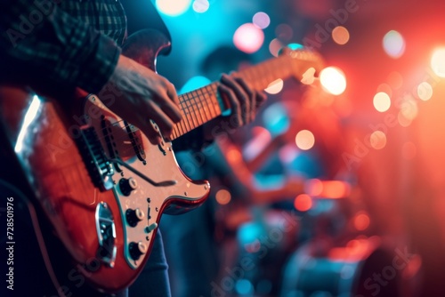 Music fills the air as a live band takes the stage, the guitarist strumming away as the concert comes to life. The crowd sways to the rhythm, the rock musicians playing with passion.