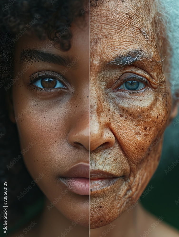 Comparison Young and Elder Face of Beautiful African-American Woman. Concept of Life, Health and Beauty. Before and After Changes. Comparison Young and Elder Face of Beautiful African-American Woman. Concept of Life, Health and Beauty. Before and After Changes.