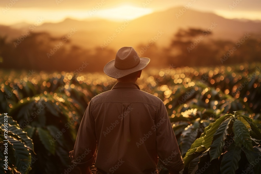 A farmer wearing a hat walks through his coffee plantation at sunrise, breathing in the fresh countryside air and admiring the green landscape of rural Mexico.