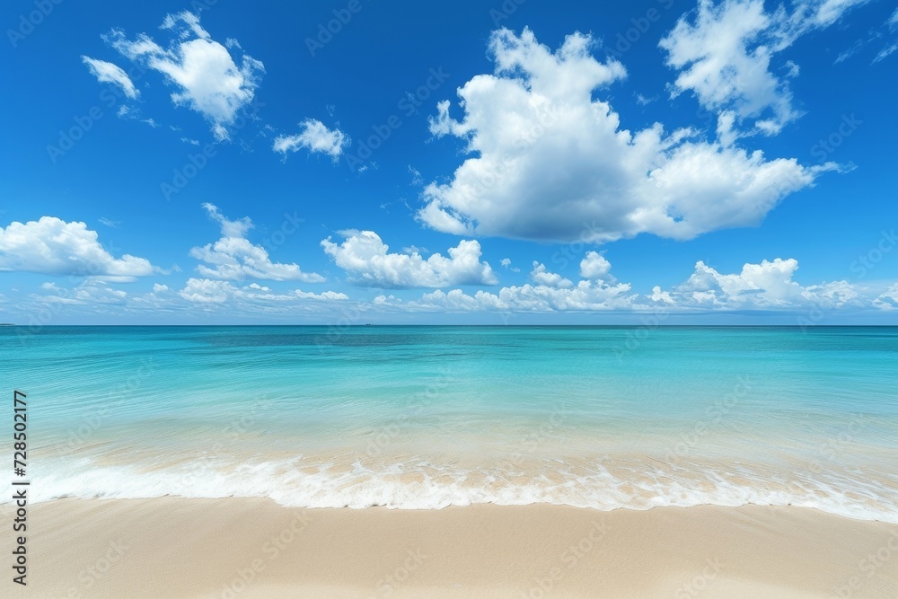 Fototapeta premium Escape to a tropical island paradise and relax on a serene beach with a breathtaking seascape, where the vast sea meets the endless horizon under a clear blue sky.