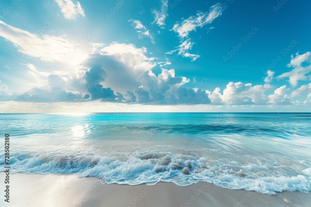 Obraz premium Escape to a tropical island paradise and relax on a serene beach with a breathtaking seascape, where the vast sea meets the endless horizon under a clear blue sky.