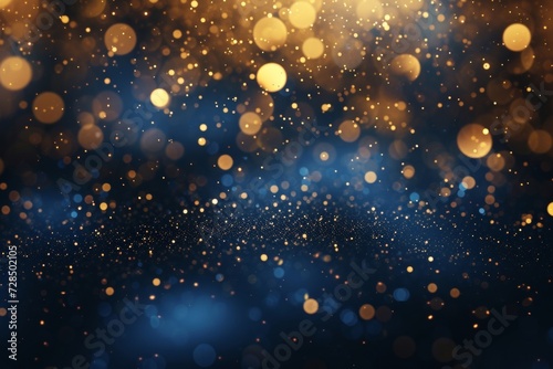 Create a festive atmosphere with this stunning abstract background featuring dark blue and gold particles that shimmer like stars on a navy blue canvas, perfect for any holiday celebration.