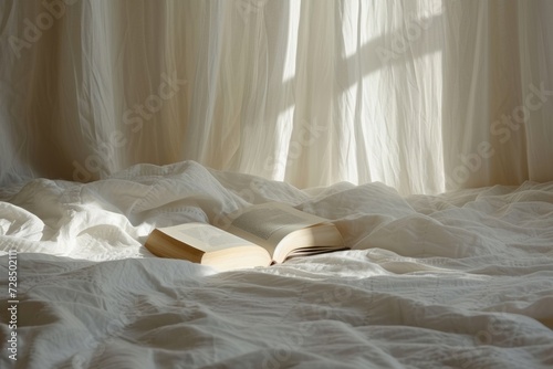 As the morning light streams through the curtains, a book lies open on the plush white bed linen, inviting a cozy Sunday read in the comfort of the bedroom.