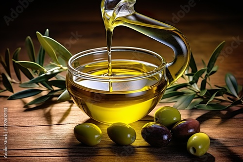 close up of olive oil pouring into a glass bowl 