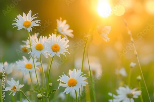 Amidst a lush field of daisies, the golden sun sets, casting a warm, blurry glow over the meadow as the floral pattern of wild blooms creates a tranquil, vintage scene.