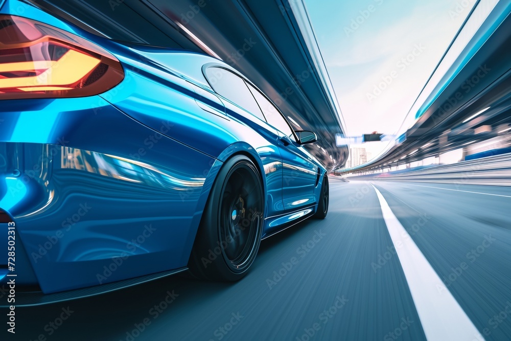 The sleek blue business car speeds down the highway, its tires gripping the asphalt as it takes a sharp turn, leaving other vehicles in its wake.