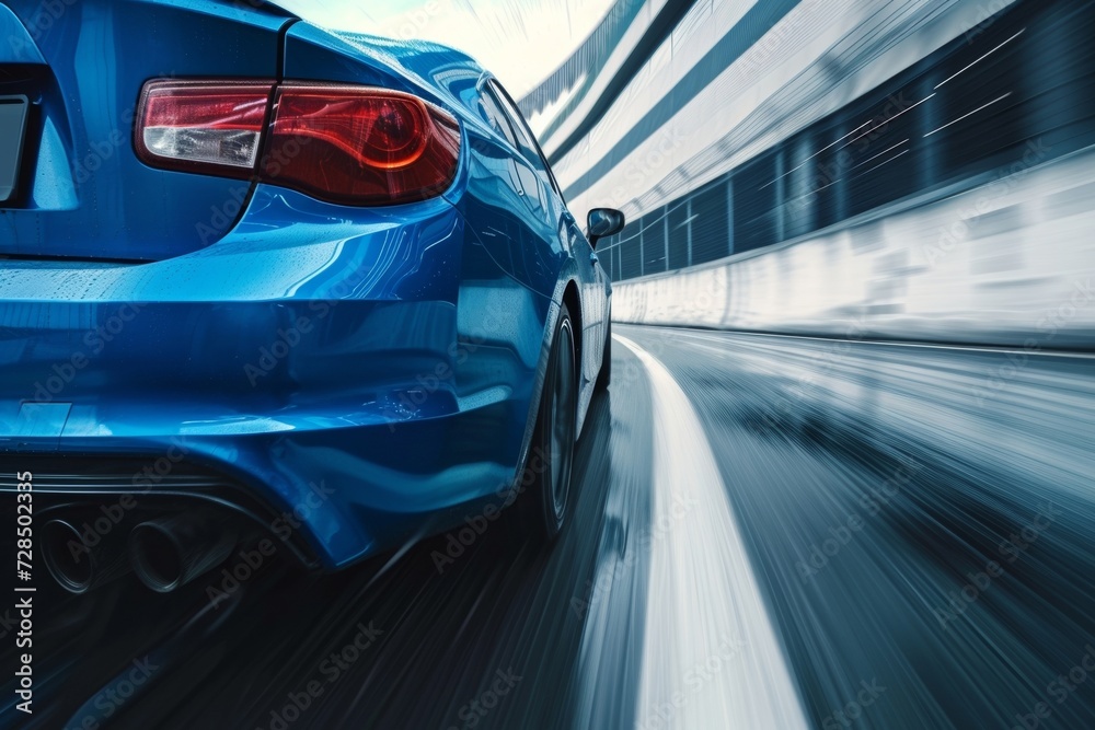 Fototapeta premium The sleek blue business car speeds down the highway, its tires gripping the asphalt as it takes a sharp turn, leaving other vehicles in its wake.