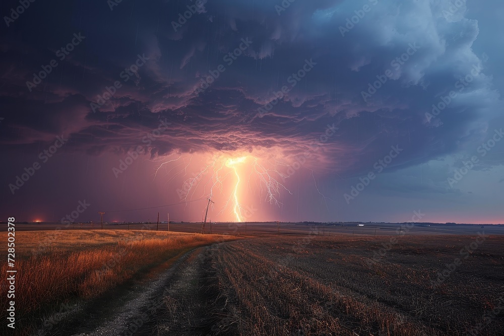 Nature's fury electrifies the sky as a dazzling lightning bolt pierces through stormy clouds, illuminating the outdoor landscape with a powerful display of thunder and awe