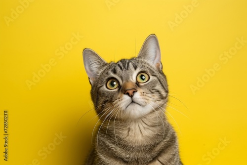 Celebrate your special day with this adorable birthday card featuring a cute cat on a yellow background, complete with a party hat, balloon, and colorful confetti. © tonstock