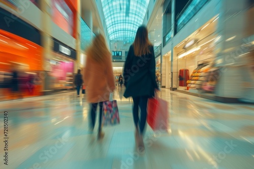 In a bustling modern shopping mall  stylish women peruse the showcases as they move through the crowd  their shopping bags reflecting their fashion-forward purchases.
