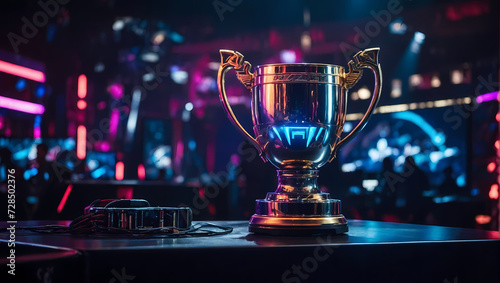The championship cup gleaming on the esports stage, surrounded by high-end gaming rigs for competing teams, illuminated by vibrant neon lights with a sleek and modern design. photo