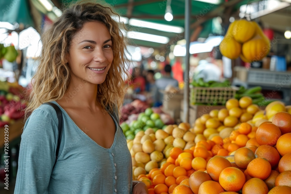A woman stands proudly in front of a vibrant fruit stand, surrounded by natural, local produce and dressed in clothing that reflects her commitment to whole foods and vegan nutrition, creating a capt A woman stands proudly in front of a vibrant fruit stand, surrounded by natural, local produce and dressed in clothing that reflects her commitment to whole foods and vegan nutrition, creating a capt