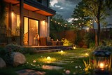 Enjoy a summer evening on the patio of a luxurious suburban home, surrounded by a beautifully designed garden. The backyard is a cozy oasis with modern style and elegant lighting.