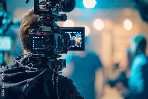 Cameraman captures an exclusive interview with a celebrity guest as the journalist prepares to broadcast live on television, creating a behind-the-scenes look at the media industry. photo