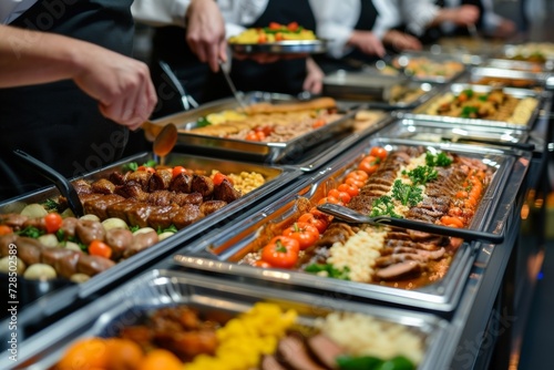 Enjoy a lavish spread at the buffet with bar-b-q grilled meats  a selection of salads  and sweet treats at your next wedding or festive event.