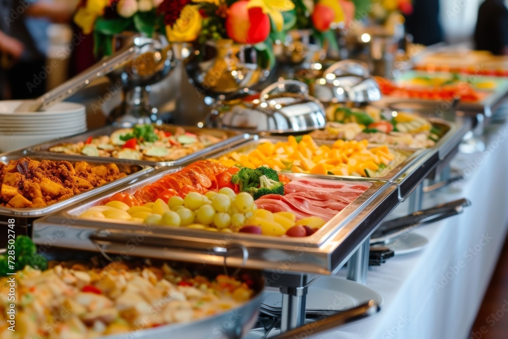 Enjoy a lavish buffet dinner at our hotel eatery, featuring a spread of colorful fruits, vegetables, and succulent meats for any event or banquet.