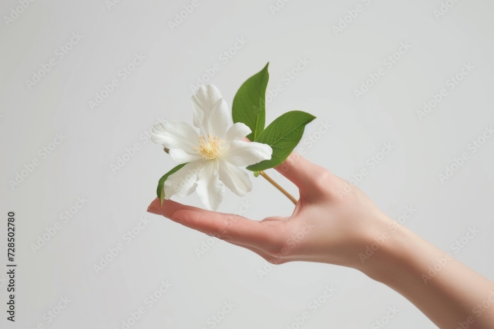 A woman's hand delicately holds a pristine white flower, symbolizing beauty and purity. Its aroma fills the air with a natural, refreshing scent, evoking a sense of health and care. A woman's hand delicately holds a pristine white flower, symbolizing beauty and purity. Its aroma fills the air with a natural, refreshing scent, evoking a sense of health and care.