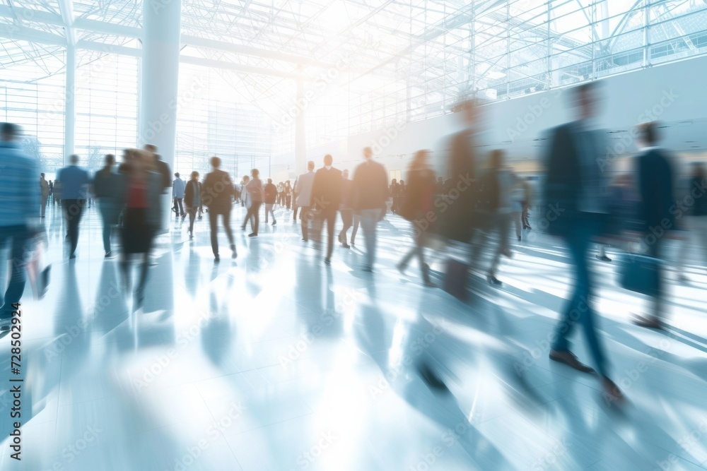 Blurred business people are walking briskly at a bustling trade fair, their motions creating a dynamic blur of suits and briefcases in the crowded conference hall. Blurred business people are walking briskly at a bustling trade fair, their motions creating a dynamic blur of suits and briefcases in the crowded conference hall.
