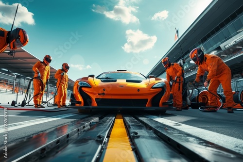 A professional pit crew waits in anticipation as their Formula 1 race car zooms into the pit lane for a speedy and efficient pit stop, showcasing ultimate teamwork. photo