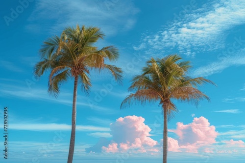 Vibrant palm trees sway against a clear blue sky, creating a tropical oasis in this picturesque outdoor landscape photo