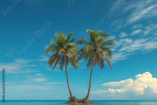 Amidst a serene landscape of crystal blue waters and a cloud-dotted sky  a solitary palm tree stands tall on a deserted island  evoking feelings of tranquility and a longing for a tropical escape