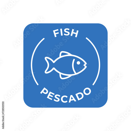 Simple Isolated Vector Logo Badge Ingredient Warning Label. Colorful Allergens icons. Food Intolerance Fish. Written in Spanish and English