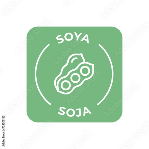 Simple Isolated Vector Logo Badge Ingredient Warning Label. Colorful Allergens icons. Food Intolerance Soya. Written in Spanish and English
