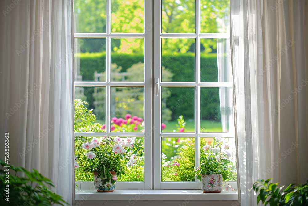 Fototapeta premium White tall window sill with summer garden on background