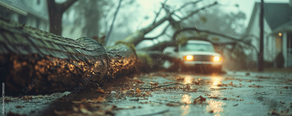 A tree felling after a hurricane on a car and a house . The consequences of the raging disaster. - obrazy, fototapety, plakaty 