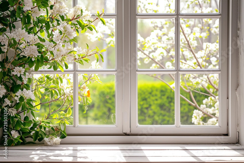 White tall window sill with spring garden on background