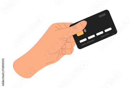 Human hand holds atm credit or debit card. Black plastic bank card in hand isolated on white background. Banking, finance, money and payment concept. Colored flat vector illustration