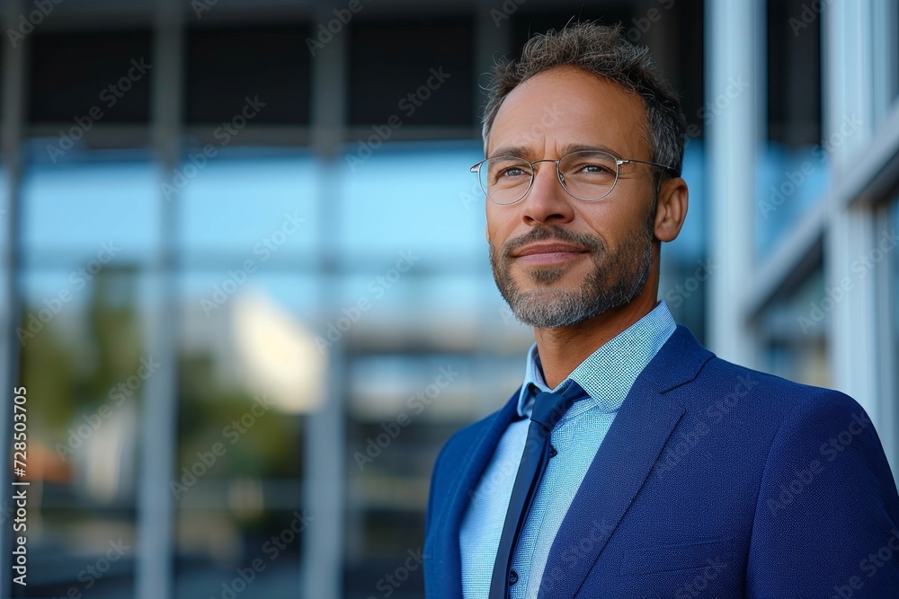 A confident gentleman stands in front of a tall building, his blue suit and crisp dress shirt adding to his polished appearance as he smiles with pride, his chin held high and collar perfectly in pla A confident gentleman stands in front of a tall building, his blue suit and crisp dress shirt adding to his polished appearance as he smiles with pride, his chin held high and collar perfectly in pla