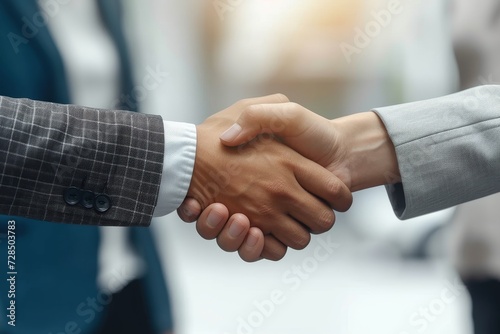 Two individuals in stylish attire cement their bond with a firm handshake, showcasing their trust and unity against a picturesque outdoor backdrop