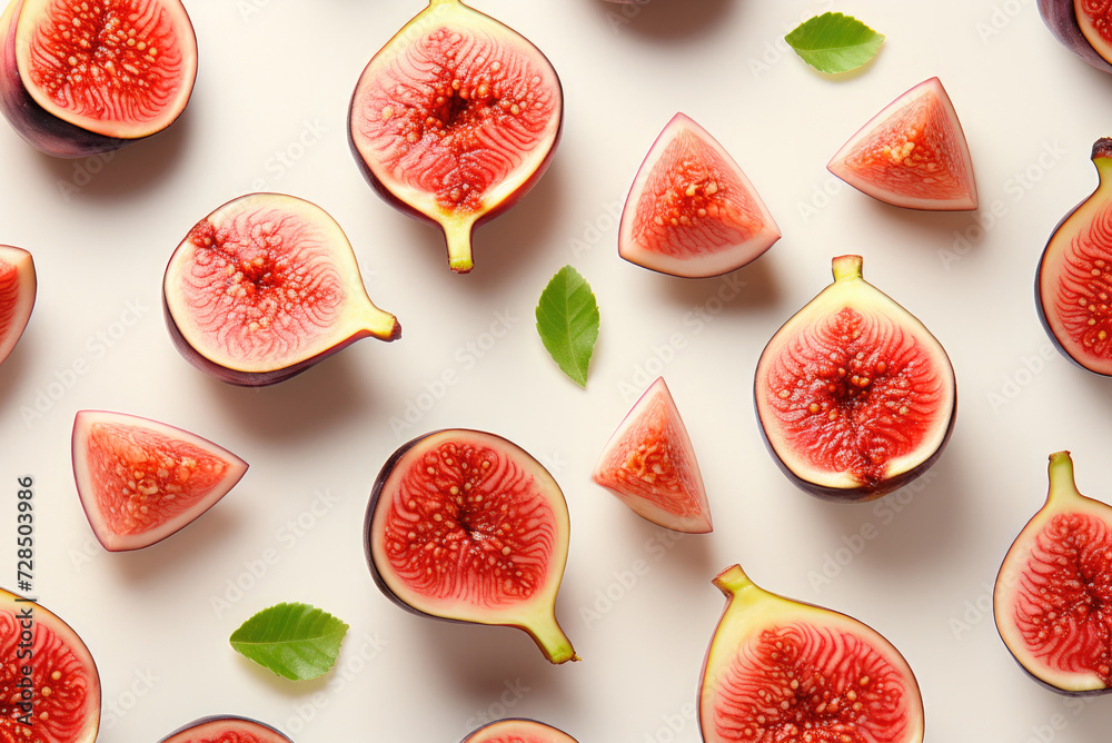 Colorful fruit pattern of fresh figs on white background, top view, flat lay Colorful fruit pattern of fresh figs on white background, top view, flat lay