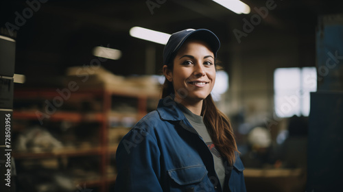 mature logistic blue collar worker woman smiling and looking at the camera in a warehouse © Simon C