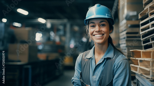mature logistic blue collar worker woman wearing a helmet, smiling and looking at the camera in a warehouse
