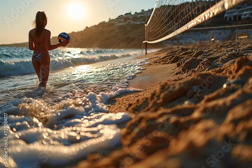 A girl in a swimsuit plays beach volleyball at sunset, Concept: sports illustrations, feature articles about beach games and summer activities with friends and family. © Marynkka_muis