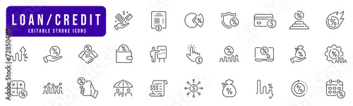 Credit line icon set. Percent, loan, rate, graph, mortgage, increase, low, growth etc. Editable stroke