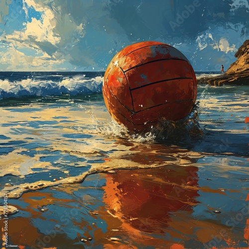 A girl in a swimsuit plays beach volleyball at sunset, Concept: sports illustrations, feature articles about beach games and summer activities with friends and family. © Marynkka_muis
