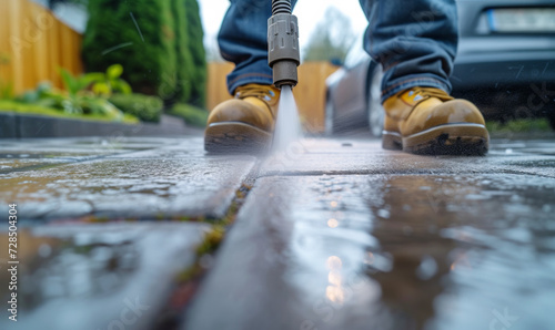 Power Washing Pavement Close-Up. Close-up of power washing pavement with focus on water spray.