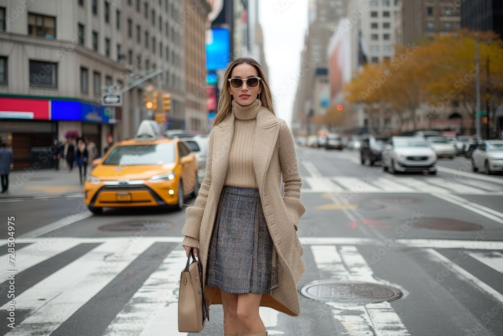 A stylish woman confidently braves the bustling city streets, her cozy sweater and flowing skirt standing out against the backdrop of buildings and cars