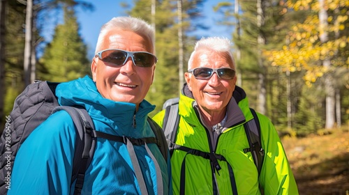 Two old friends embark on a hiking adventure, their smiles radiant against the stunning backdrop of nature. Backpacks ready, they embrace the journey ahead.