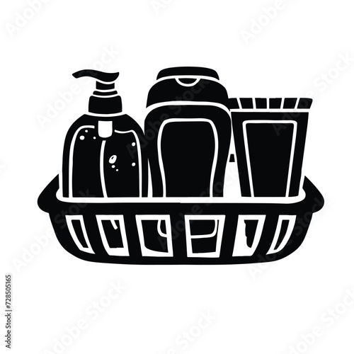 bathroom shelf with bottles and vials, personal hygiene illustration, vector