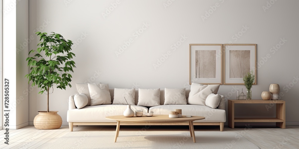 Fototapeta premium Living room featuring a stylish sofa and table.