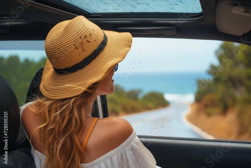 A fashionable woman gazes wistfully out of the car window, her sun hat reflecting in the mirror, as she takes in the scenic views on her journey