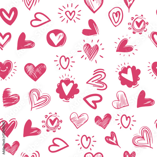 Seamless pattern hand drawn scribble doodles red hearts photo