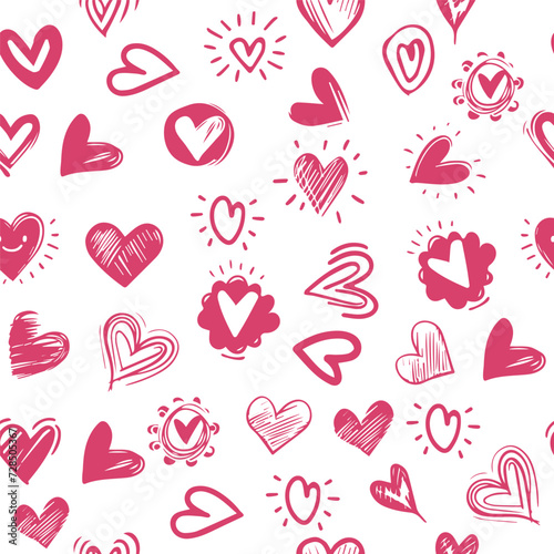 Seamless pattern hand drawn scribble doodles red hearts