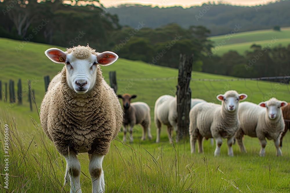 A peaceful herd of wooly mammals grazing on the lush green grass in a serene outdoor meadow, embodying the idyllic image of farm life A peaceful herd of wooly mammals grazing on the lush green grass in a serene outdoor meadow, embodying the idyllic image of farm life