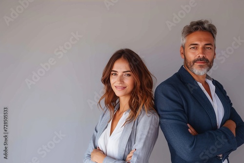 A stylishly dressed man and woman, with smiles on their faces, stand back to back against a wall indoors, their clothing - a dress shirt and blazer for him, and a suit and necktie for her - reflectin photo